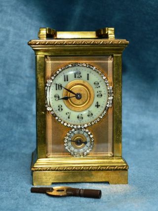 Antique Victorian French Gilt Brass Carriage Alarm Clock With Masked Dial
