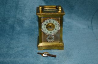 Antique Victorian French Gilt Brass Carriage Alarm Clock with Masked Dial 8