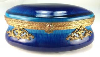 Art Deco Sevres Paul Millet Oval Royal Blue Flambe & Ormolu Bronze Scroll Box