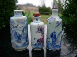 Three Antique Chinese Blue & White Snuff Bottles And Stoppers,  Marked
