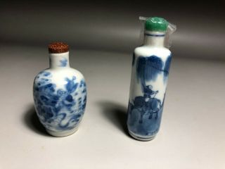 Two Fine Antique Chinese Blue & White Porcelain Snuff Bottles 19th
