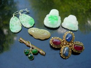 Group Of Antique/vintage Chinese Jadeite,  Ruby,  Agate Carvings/pendants/pins