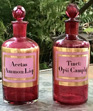 Antique French Opium Cranberry Ruby Glass Apothecary Jars Bottles Victorian 19th