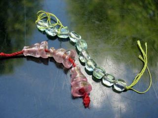Group Of Antique Chinese Aquamarine Beads & Three Pink Tourmaline Gourd Beads