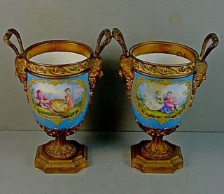Pair 19th Century Sevres Style Bronze Ormolu Mounted Bleu - Celeste Porcelain Urns
