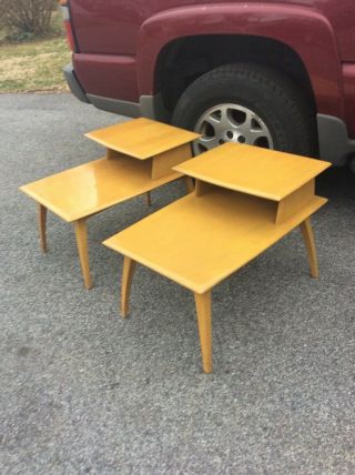 Heywood Wakefield End Tables Mid Century Modern Champagne Matched Pair Wheat