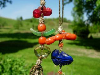 Two Strings Of Antique Chinese Jadeite,  Ruby,  Coral,  Lapis & Seed Pearl Pendants