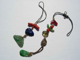 TWO STRINGS OF ANTIQUE CHINESE JADEITE,  RUBY,  CORAL,  LAPIS & SEED PEARL PENDANTS 2