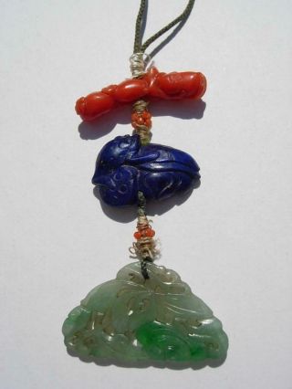 TWO STRINGS OF ANTIQUE CHINESE JADEITE,  RUBY,  CORAL,  LAPIS & SEED PEARL PENDANTS 8