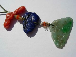 TWO STRINGS OF ANTIQUE CHINESE JADEITE,  RUBY,  CORAL,  LAPIS & SEED PEARL PENDANTS 9