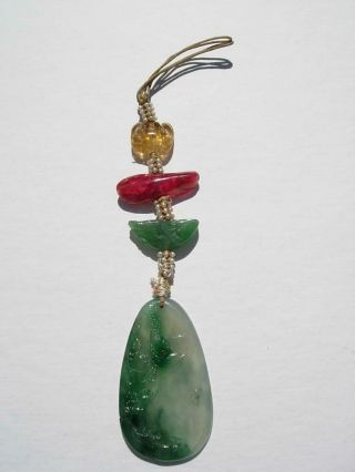 A Fine Antique Chinese Jadeite Pendant With Ruby,  Tourmaline & Seed Pearls