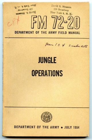 1954 Fm 72 - 20 Jungle Operations Warfare Department Of The Army Field Man.  Book