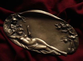 Antique Bronze Art Nouveau Nude Naked Lady Child Mirror Nature Jewelry Card Tray