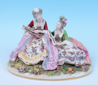 Antique German Capodimonte Porcelain Group Musician Figurine Maiden Applied Rose