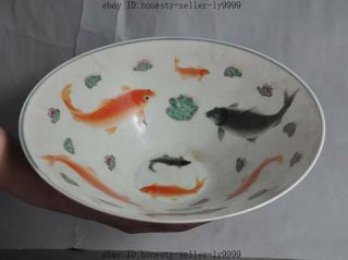 10 " Old Chinese Wucai Porcelain Goldfish Fishes Statue Bowl Cup Tray Plate Dishes