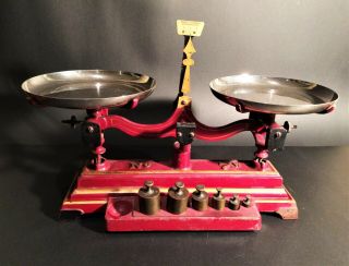 Henry Troemner 7w 12 Oz Vintage/antique Balance Scale Red/gold With Weights