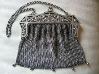 Antique Art Nouveau Silver T Pierced French Fleur De Lis 5 Tassel Mesh Purse