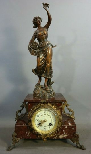 Antique Art Nouveau Era French Lady Statue Figural S.  Marti Marble Mantel Clock
