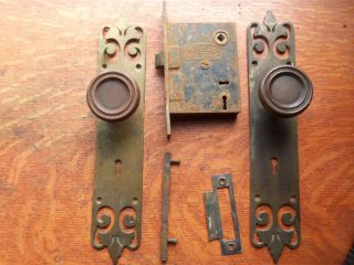 Antique Victorian Gothic Brass Doorknobs Doorplates & Lock Set Sargent C1885