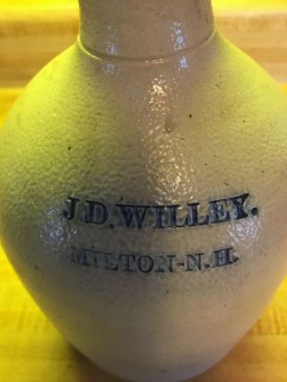 Rare,  J.  D.  Willey,  1/2 Gal. ,  Stoneware Jug,  Milton,  N.  H. ,  Hampshire