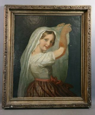 19thc Antique Victorian Era Lady & Lace Shawl Portrait Old Oil Painting & Frame