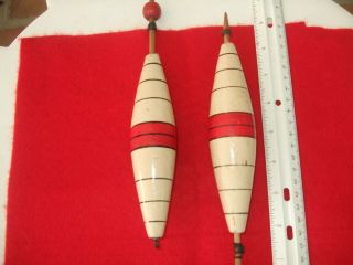 2 Large Rare Vintage Wood Fishing Floats,  8 1/2 " - 9 ".  Red & White.