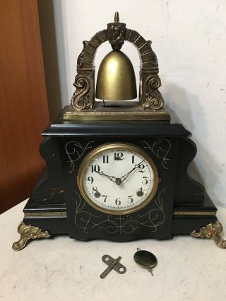 Rare Antique Gilbert Curfew Model Mantle Clock Outside Strike Bell Top