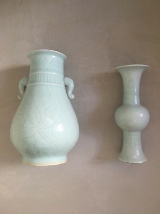 Two Chinese 19th Century Qing Pale Celadon Vases