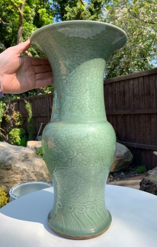 Large Antique Celedon Chinese Vase With Flowers