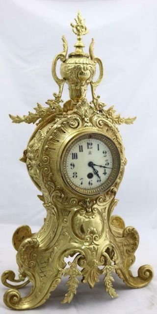 Antique Mantle Clock French Lovely 1880s Embossed Rococo Bronze Japy Freres
