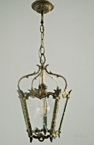 Stunning Antique French Bronze Ornate 5 Sided Etched Glass Hall Lantern 1182