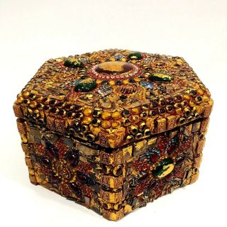 Vintage China Tibet Wood Jewelry Box Case Buddhism Gold Amulet Gemstone Buddha