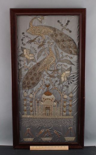 Large Antique Early 20thc Silk & Gold Thread India Embroidery Peacocks,  Nr