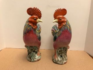 Pair Antique Chinese Porcelain Rooster Figure Famille Rose 19th/20th C Export