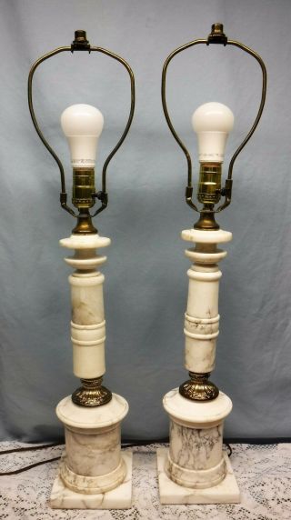 Vintage White Marble Column Table Lamps Brown And Gray Veining