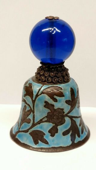 Antique Chinese Export Enameled Brass Bell,  Cobalt Blue Blown Glass Handle