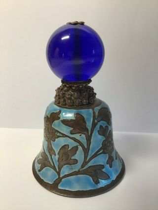 Antique Chinese Export Enameled Brass Bell,  Cobalt Blue Blown Glass Handle 2