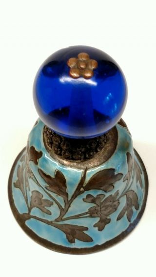 Antique Chinese Export Enameled Brass Bell,  Cobalt Blue Blown Glass Handle 3