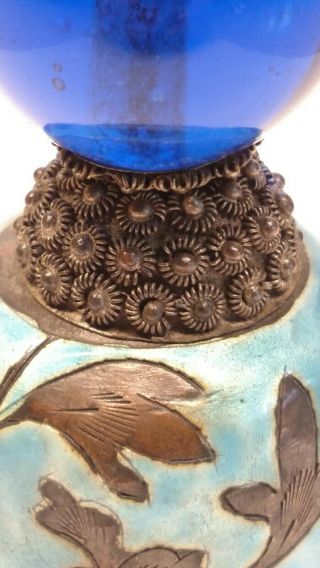 Antique Chinese Export Enameled Brass Bell,  Cobalt Blue Blown Glass Handle 5