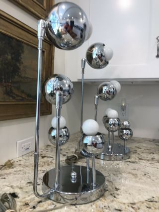 Vintage Torino Italy 6 Bulb Chrome Space Age Lamps Signed 11