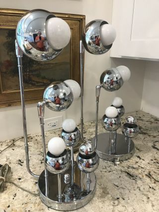 Vintage Torino Italy 6 Bulb Chrome Space Age Lamps Signed