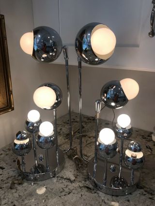 Vintage Torino Italy 6 Bulb Chrome Space Age Lamps Signed 7