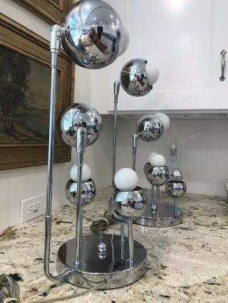 Vintage Torino Italy 6 Bulb Chrome Space Age Lamps Signed 9
