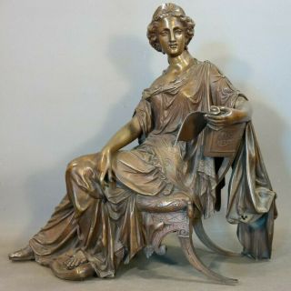 19thc Antique Victorian Bronze Statue Old Grecian Lady & Scroll Mantel Sculpture
