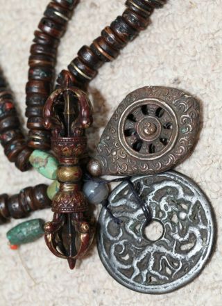 Antique Tibetan bronze Vajra & bone,  turquoise bead Buddhist Mala,  19th Century. 10