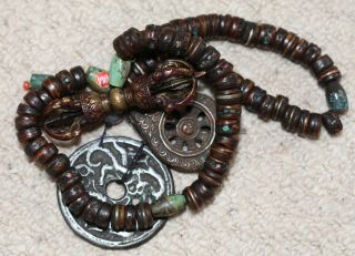 Antique Tibetan bronze Vajra & bone,  turquoise bead Buddhist Mala,  19th Century. 11