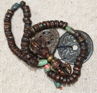 Antique Tibetan bronze Vajra & bone,  turquoise bead Buddhist Mala,  19th Century. 12