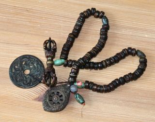 Antique Tibetan Bronze Vajra & Bone,  Turquoise Bead Buddhist Mala,  19th Century.