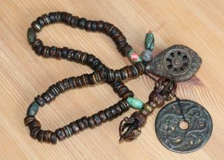 Antique Tibetan bronze Vajra & bone,  turquoise bead Buddhist Mala,  19th Century. 2