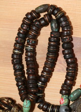 Antique Tibetan bronze Vajra & bone,  turquoise bead Buddhist Mala,  19th Century. 3